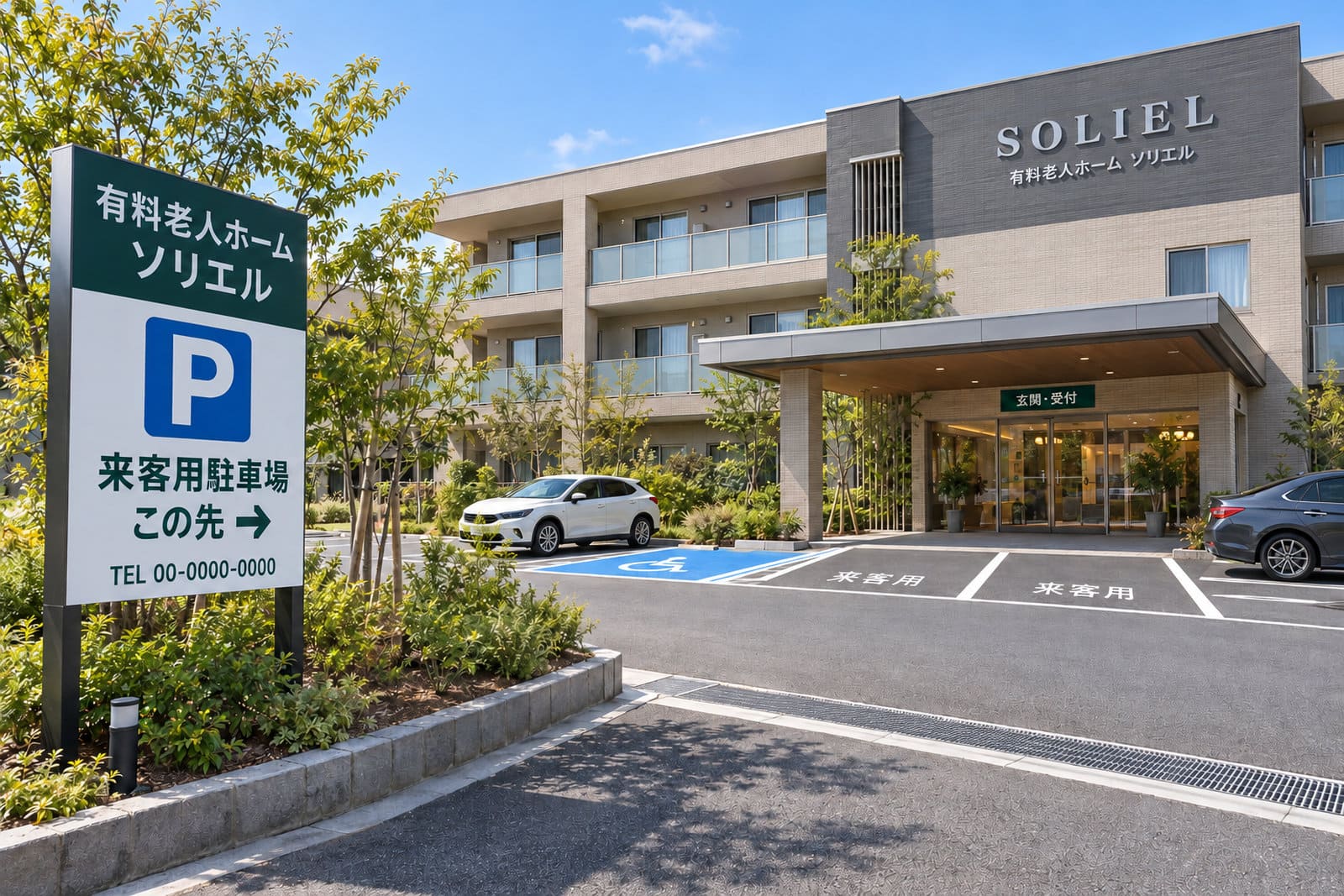 広い敷地に建つ3階建ての有料老人ホームの外観。道路沿いの自立看板、外壁のステンレスの立体文字の施設名、駐車場の車いす使用者用の区画の青い路面表示と来客用の区画