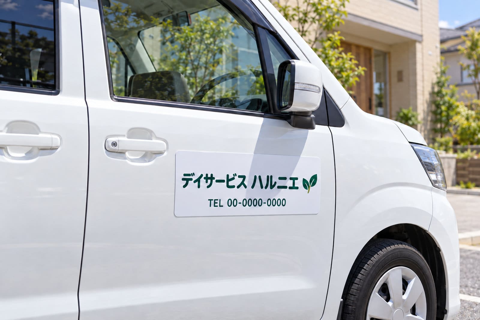 白い軽ワゴンの送迎車のドアに付けた、施設名と電話番号のマグネットの表示