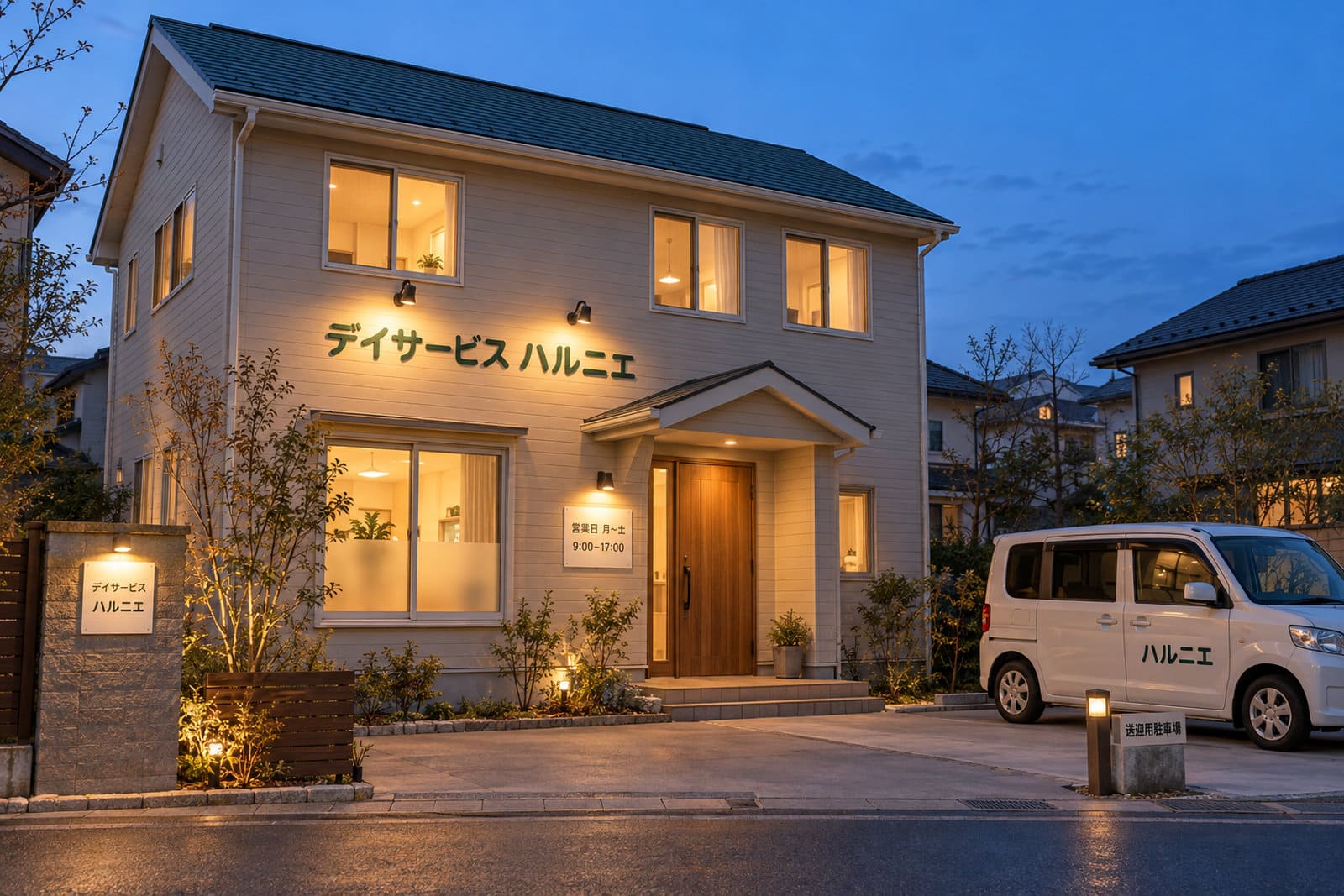 夕方のデイサービスの外観。住宅を改修した2階建ての建物の外壁に深緑色の立体文字の施設名とスポットライト、玄関の横に営業日と時間の表示、門柱に表札サイズの看板、敷地の中に施設名を入れた送迎の車と駐車場の案内がそろっている