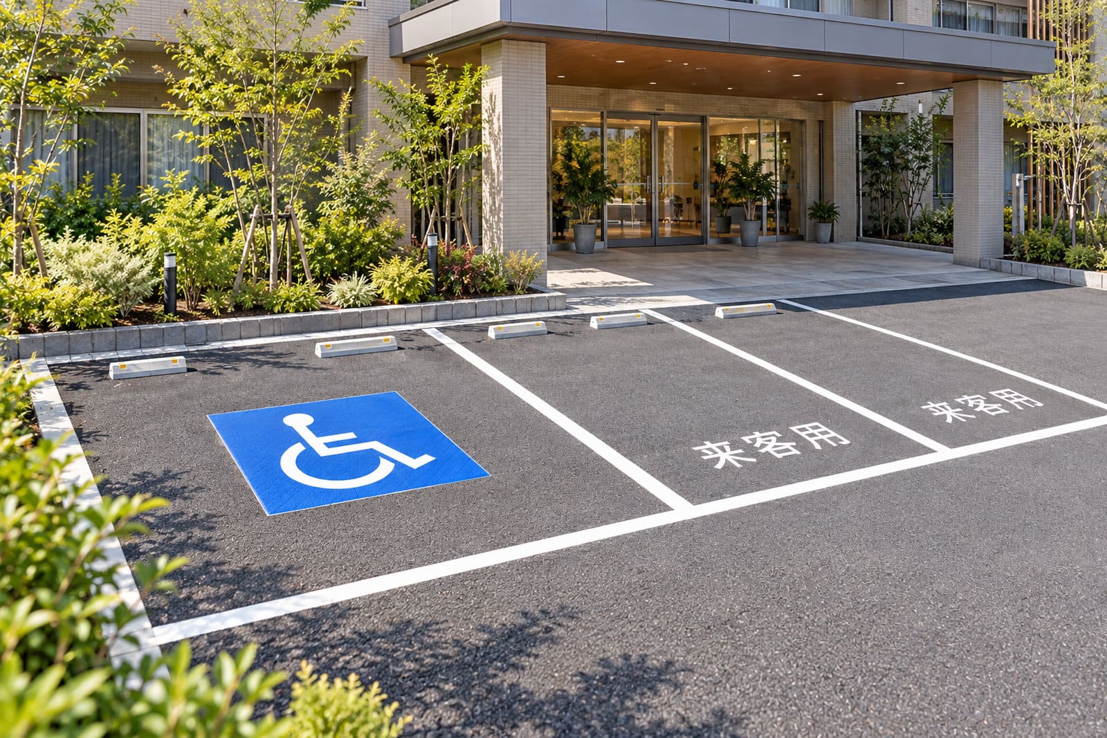 介護施設の駐車場の、車いす使用者用の区画の青い路面表示と、隣の来客用の区画