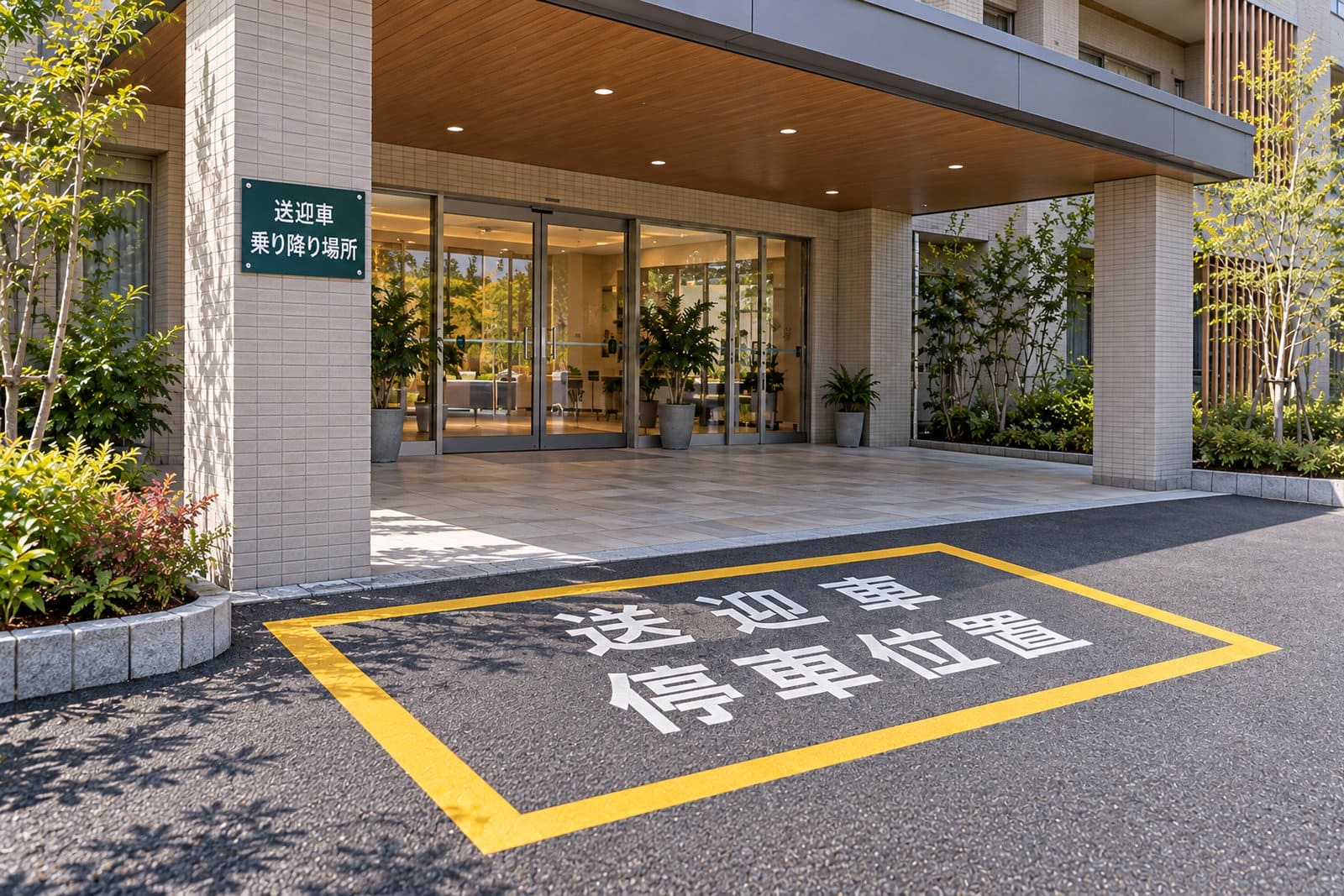 介護施設の玄関の前の、送迎の車の停車位置を示す路面の表示と、ひさしの柱に付けた送迎車の乗り降りの案内の看板