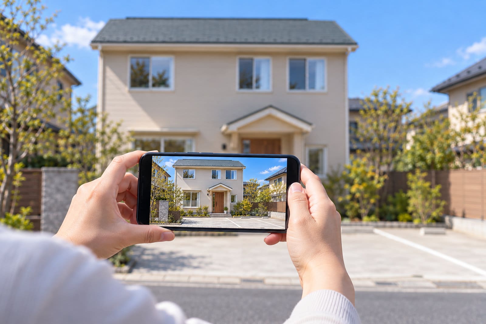 改修前の住宅の前の道路で、スマートフォンを横向きに構えて建物の正面と駐車場を撮影している人の手元