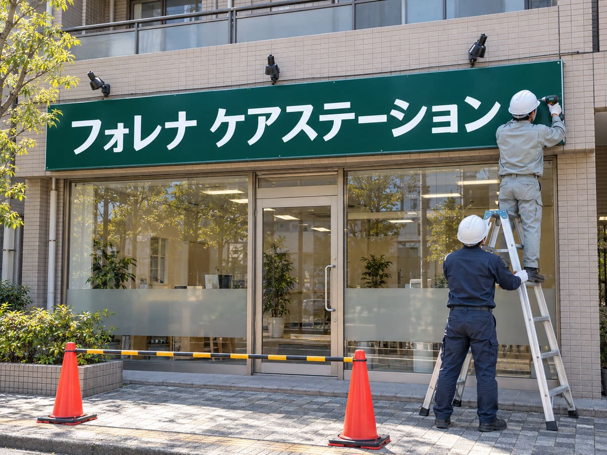 脚立に乗った施工スタッフが、介護施設の入口の上の壁に施設名の看板を取り付けている様子