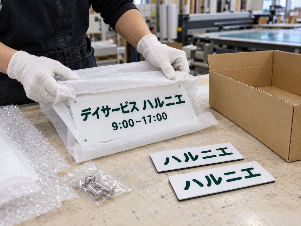 看板工場の作業台で、施設名のアクリル看板と送迎車用のマグネットを梱包している手元