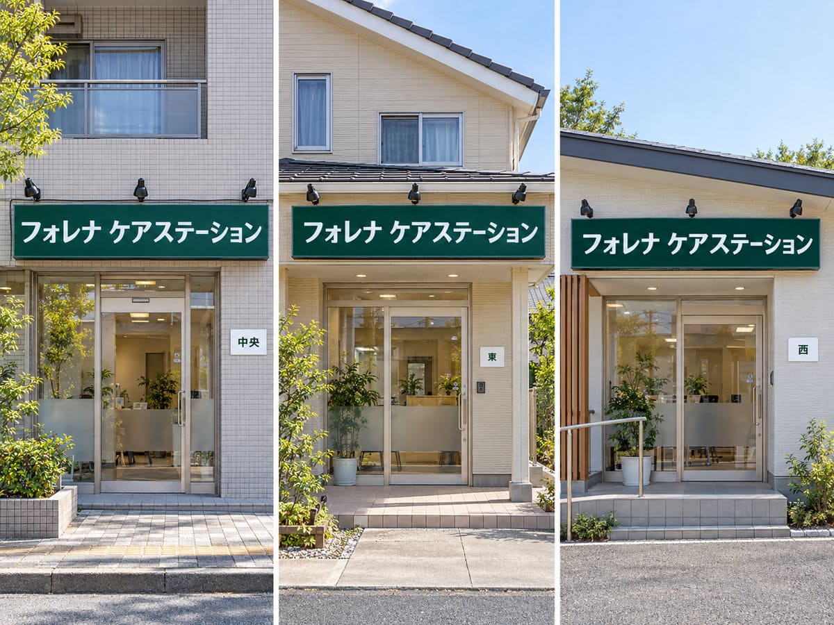 同じロゴと色でそろえた看板が付いた、地域の異なる3つの介護事業所の外観を並べた様子