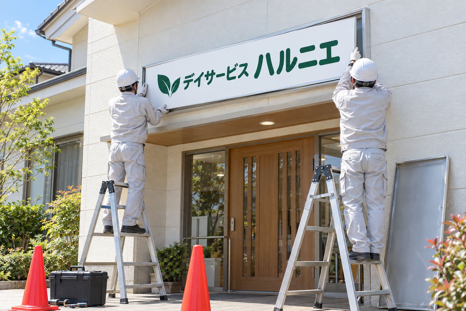 介護施設の入口の上で、施工スタッフが古い看板の面を外し、新しい施設名の面に掛け替えている様子