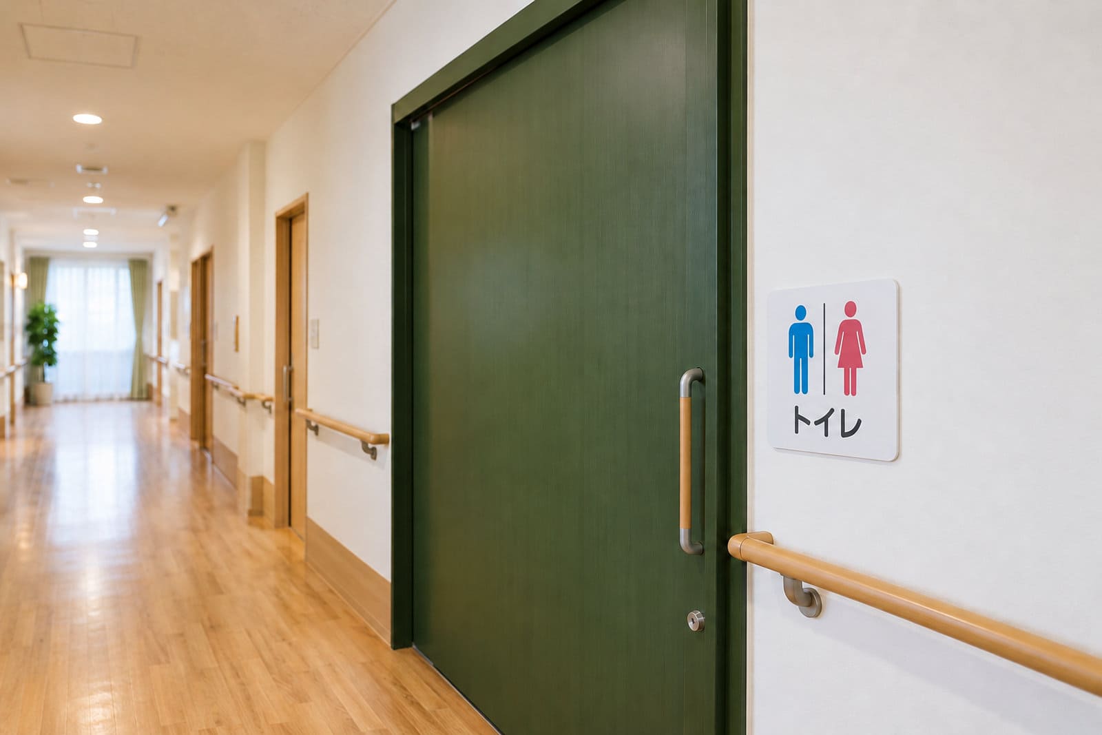 介護施設の廊下のトイレの扉。扉は壁と違う濃い色で、目線の高さに大きなトイレの絵記号と文字の表示がある
