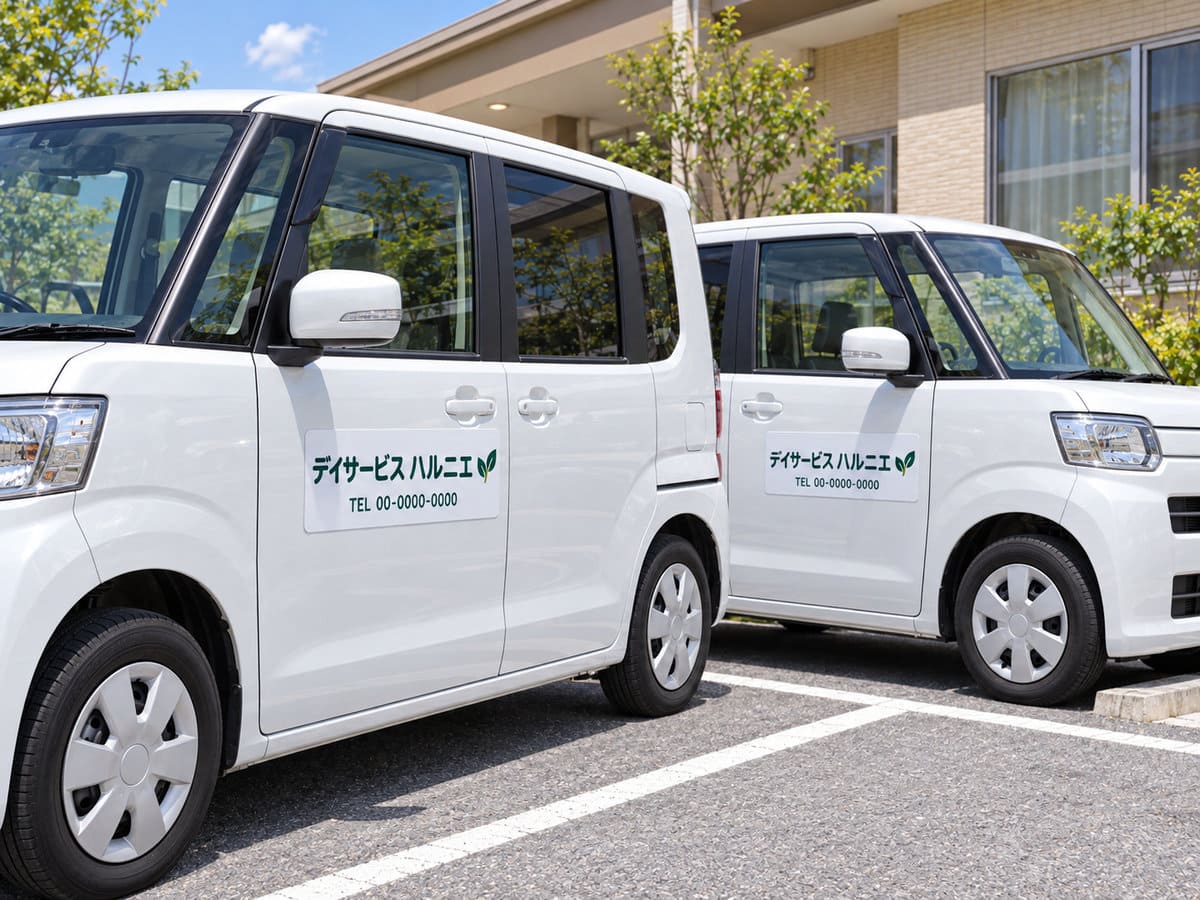 介護施設の駐車場に並んだ、施設名とロゴのマグネットを付けた白い送迎車2台