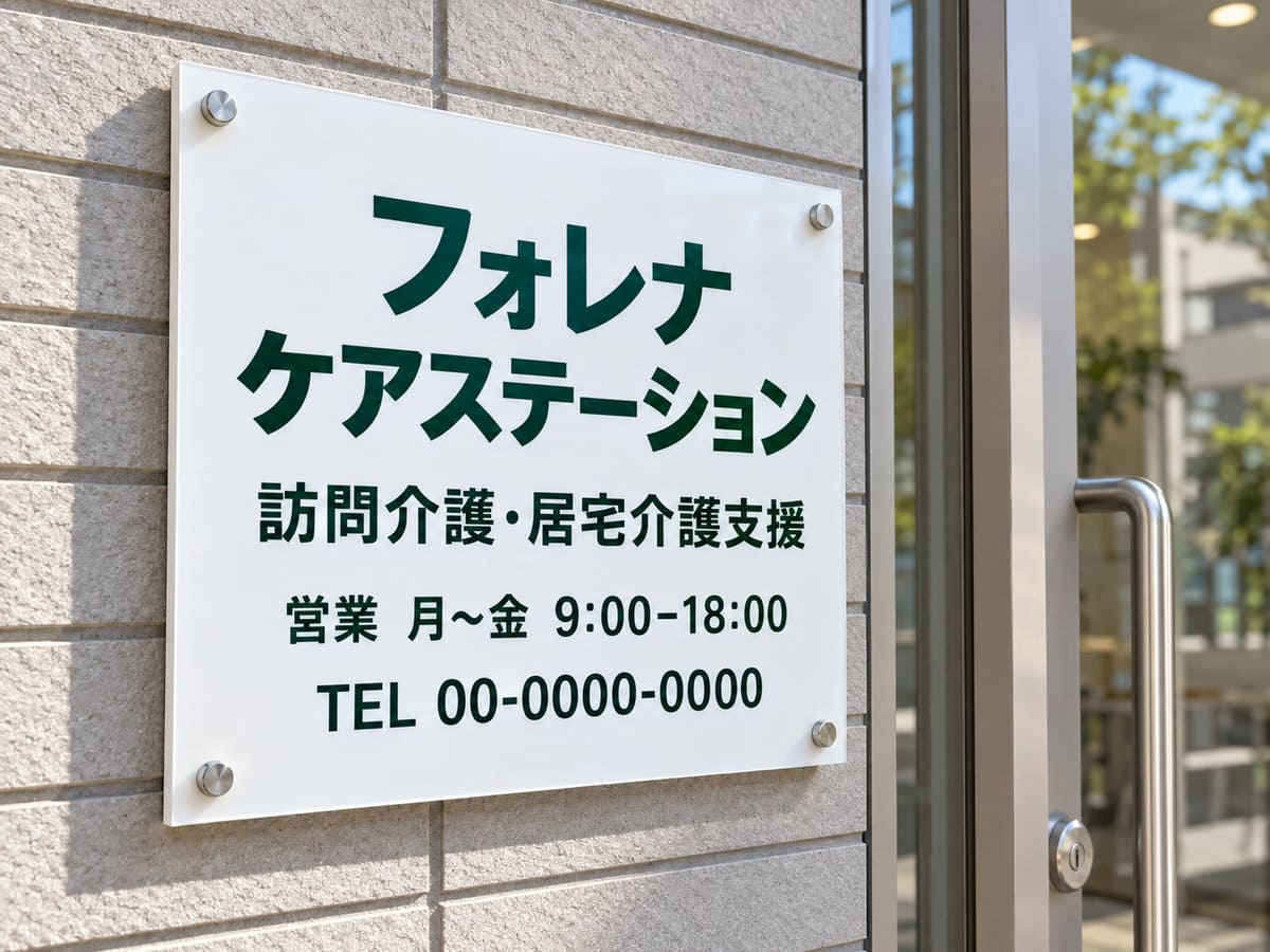 介護事業所の玄関の横の壁に付けた、事業所名・営業日・電話番号の入ったアクリルの看板（W300×H400mm）