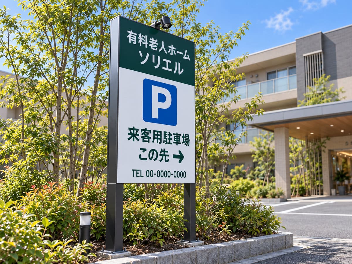 介護施設の敷地の入口に建てた、施設名と駐車場の矢印の入った自立看板