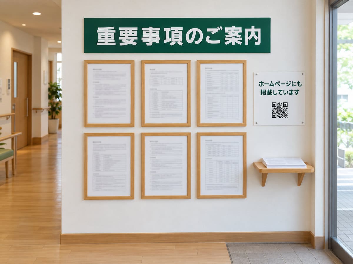 介護施設の玄関の壁に、見出しのプレートと同じ大きさの額をそろえて並べた掲示コーナー