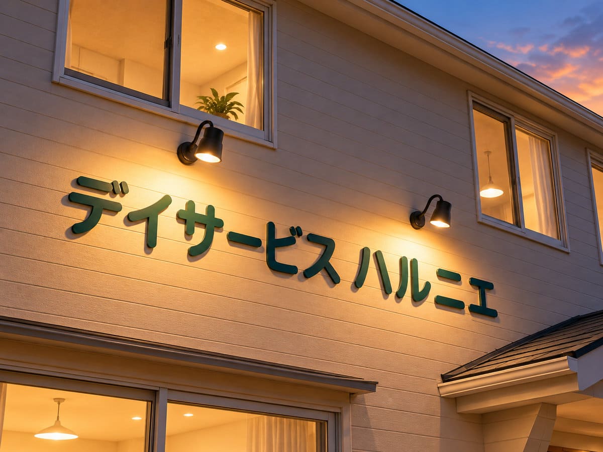 冬の夕方、介護施設の施設名の看板を上から電球色で照らす黒いアームスポットライト2灯
