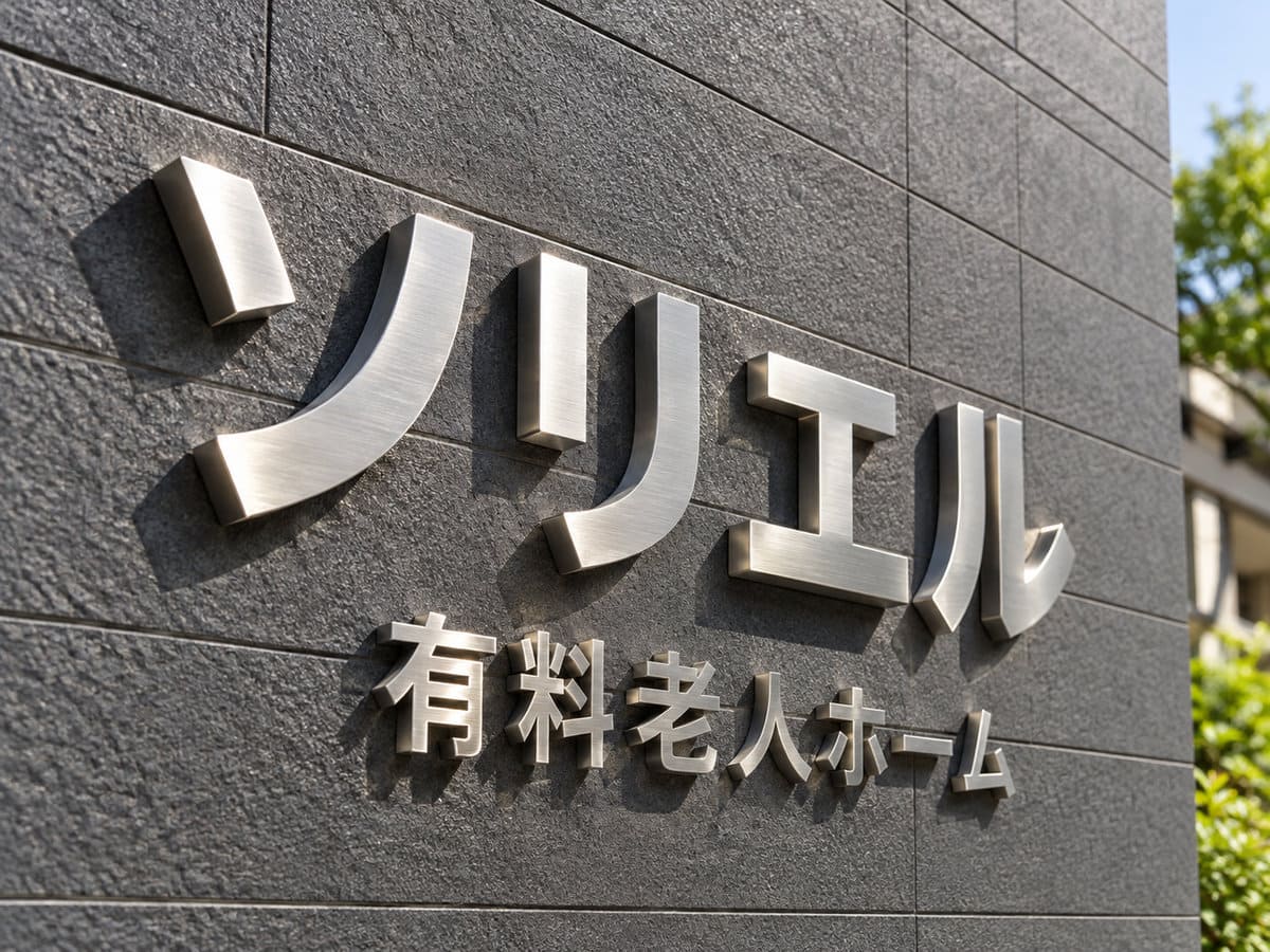 老人ホームの外壁に1文字ずつ付けた、厚みのある立体文字の施設名。斜めの光で文字の影が壁に落ちている