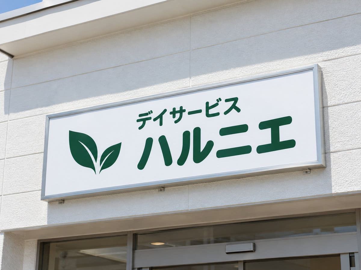 介護施設の白い外壁に付けた、太めの書体の施設名の看板と、小さな葉のマーク
