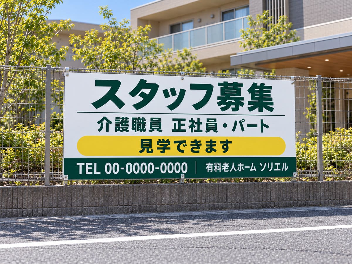 介護施設の駐車場のフェンスに付けた、スタッフ募集の看板と電話番号