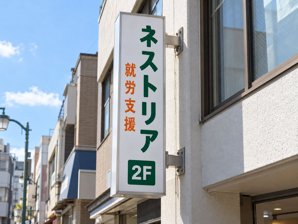 商店街のビルの2階の高さに付けた、就労支援の事業所の縦長の袖看板。下の歩道から見上げた様子