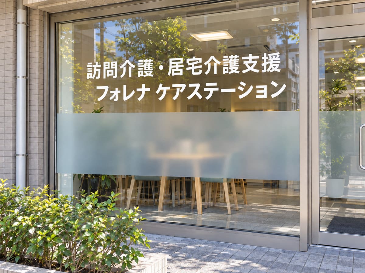 福祉の事業所のガラスに、白い文字で事業所名とサービス名、座る高さにすりガラス調のフィルムを貼った様子