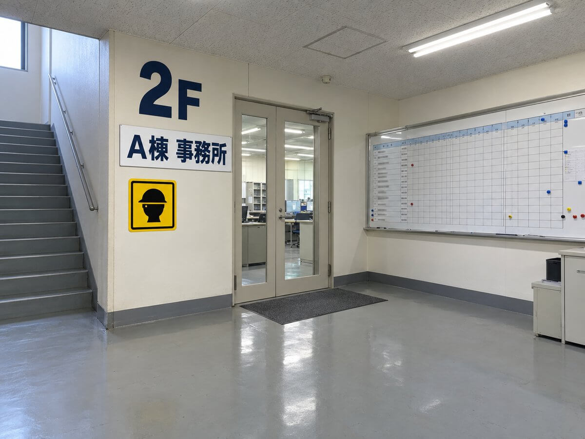 工場の事務所の入口。大きな階数表示とエリア表示のサイン、安全の注意喚起サイン、壁に特注の工程表ホワイトボード