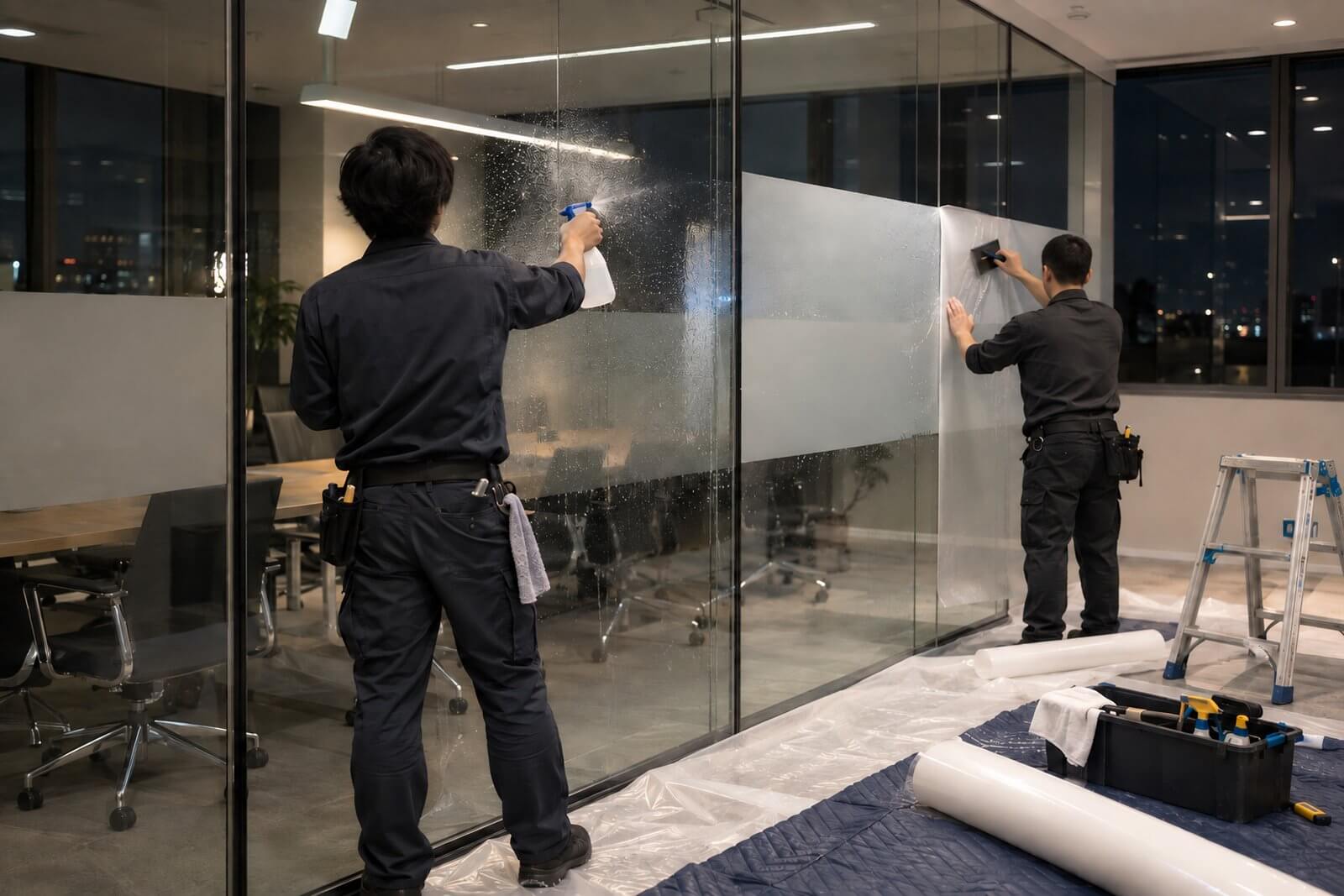 夜のオフィスで、施工スタッフがガラスの間仕切りにすりガラス調の目隠しフィルムを水を使って貼っている様子