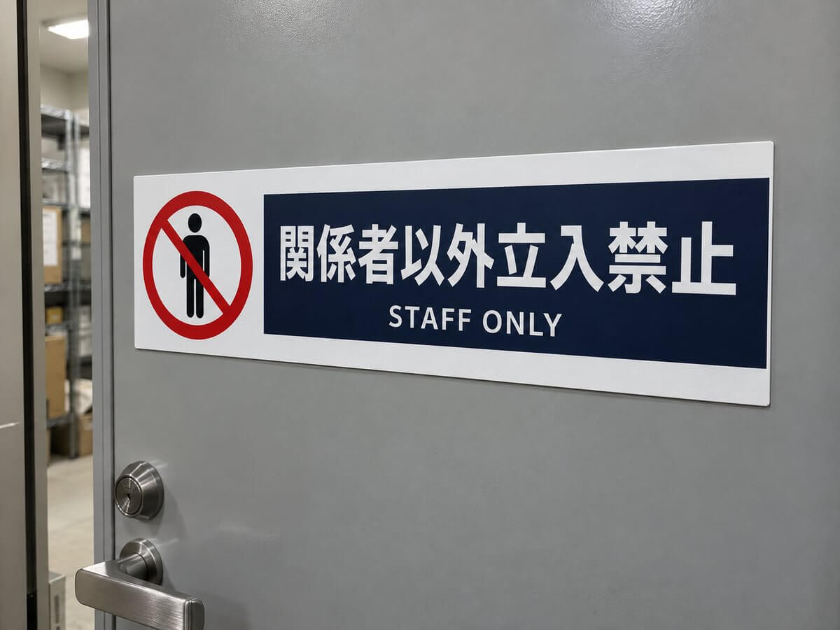 オフィスのバックヤードの扉に貼った「関係者以外立入禁止」の注意表示のサインプレート