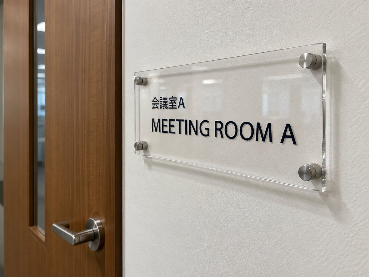 会議室のドアの横の壁に取り付けた、透明アクリルの室名サイン。会議室の名前と英語表記が入っている