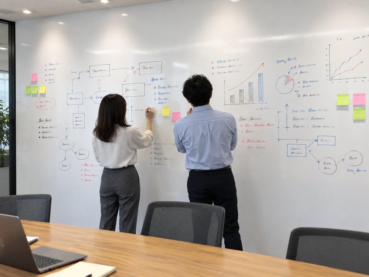 会議室の壁一面に貼ったホワイトボードシートに、マーカーで図や矢印を書き込みながら打ち合わせをしている様子。人物は後ろ姿で顔は写っていない