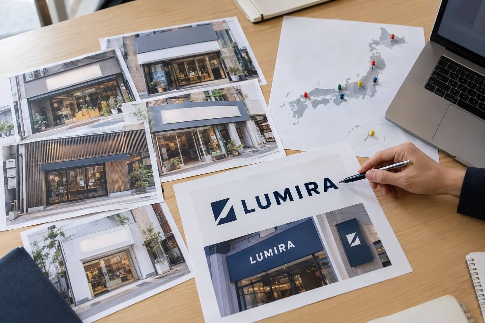 会議室の机の上に、複数の店舗の看板の写真と新しいロゴの看板デザイン案、地図が並び、担当者が仕様を確認している手元