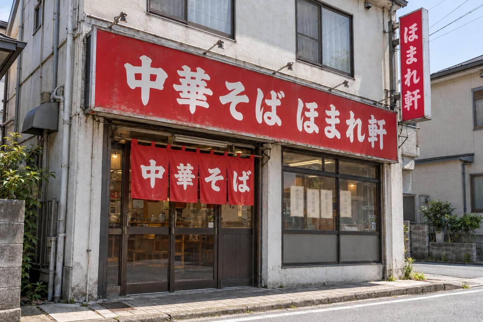 赤い大きな看板と赤い袖看板、のれんのある中華そば店の外観