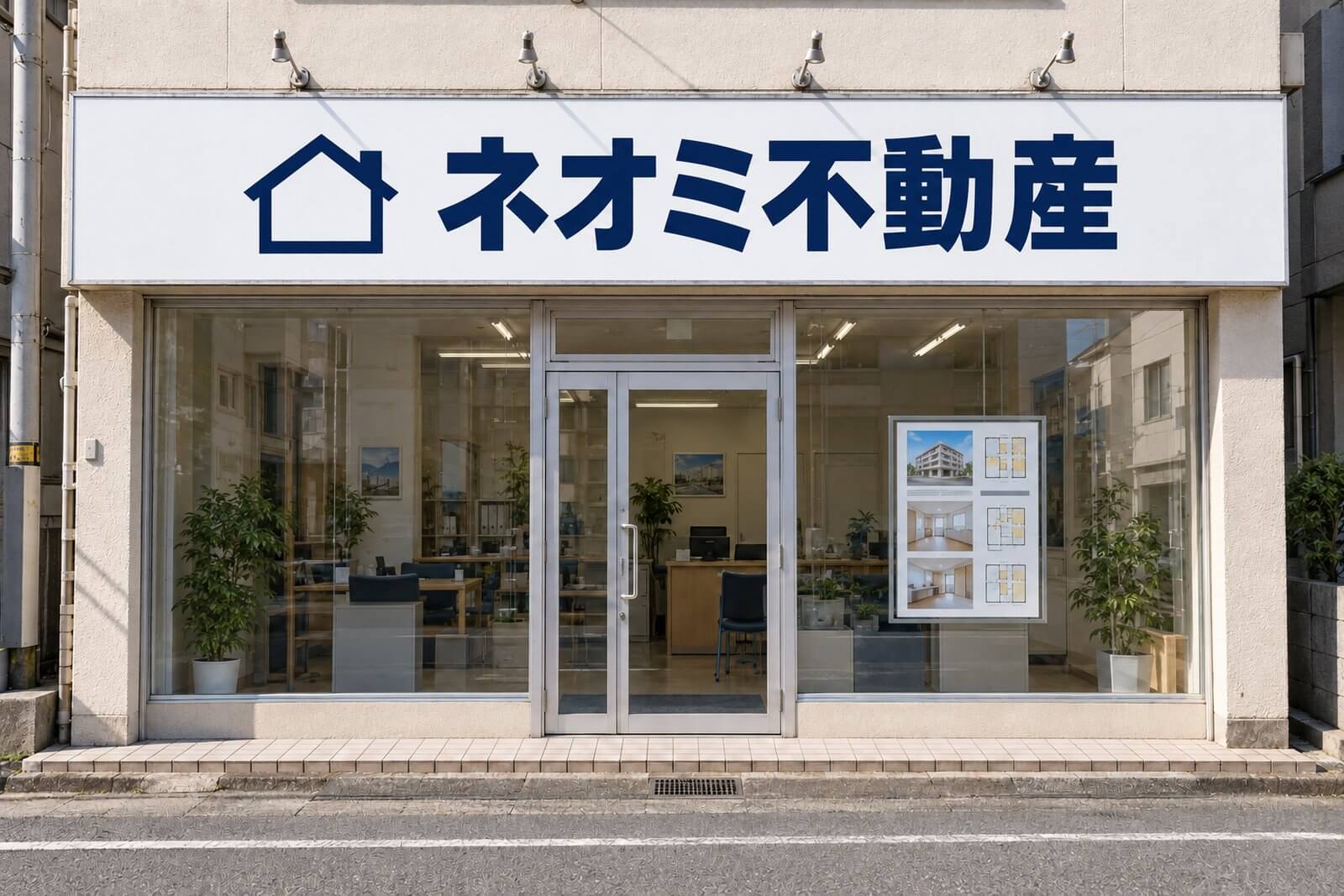 同じ店舗の看板を、白地に紺の大きな社名とシンプルなロゴのすっきりしたデザインに一新した様子