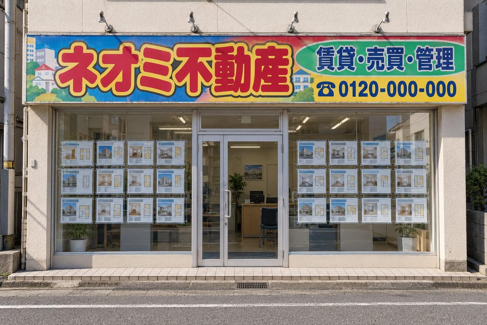 不動産会社の店舗の看板。文字の種類と色が多く、電話番号や物件の案内が詰め込まれて読みにくい古いデザイン