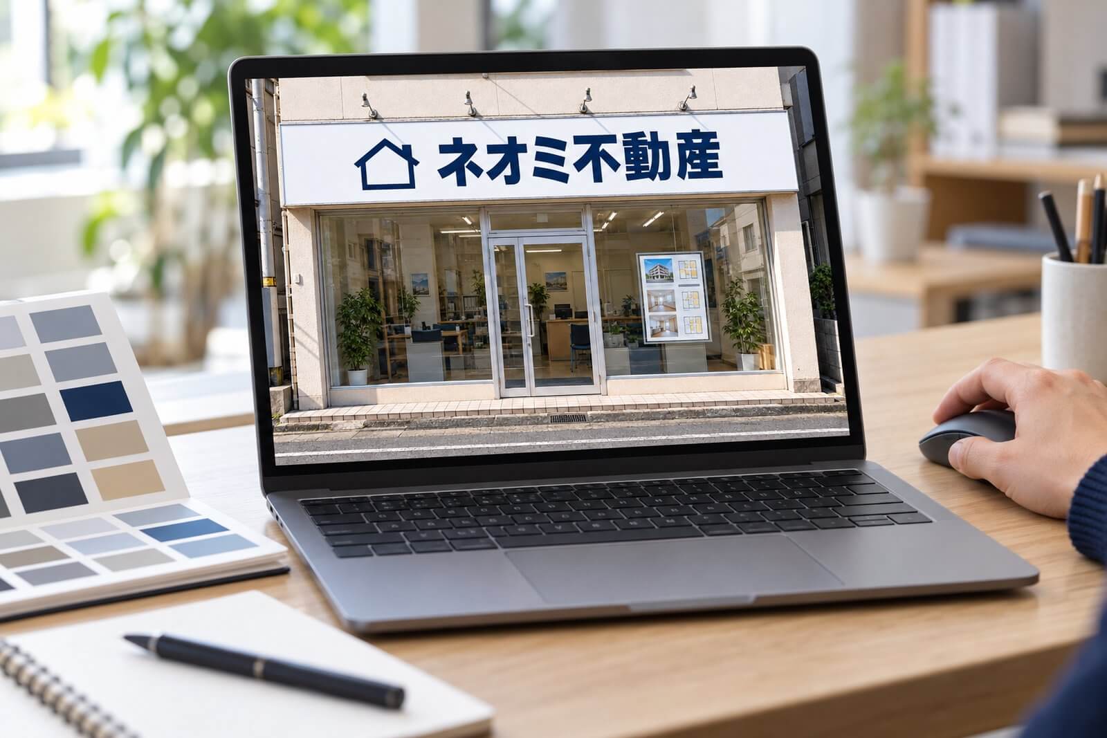 パソコンの画面に、店舗の写真へ新しい看板のデザインをはめ込んだ完成イメージが表示されている
