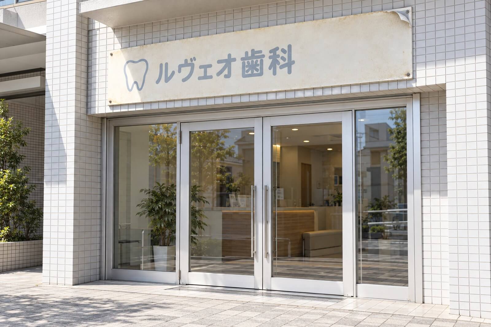 歯科医院の入口の上のプレート看板。水色の文字が薄くなり、白地が黄ばみ、シートの角がめくれている