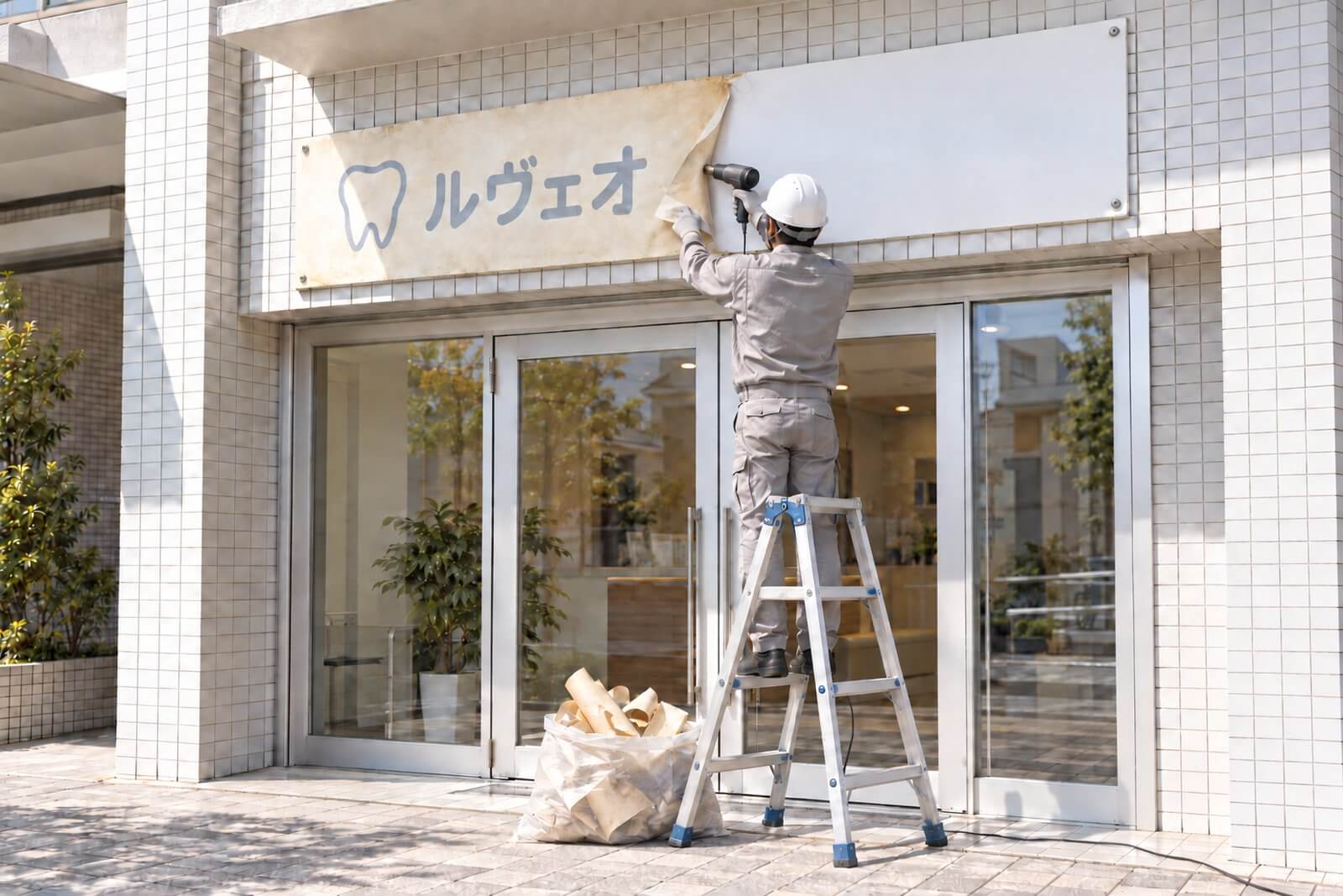 同じ看板の前で、施工スタッフがヒートガンで温めながら古いシートを剥がし、板の白い地が半分ほど見えている