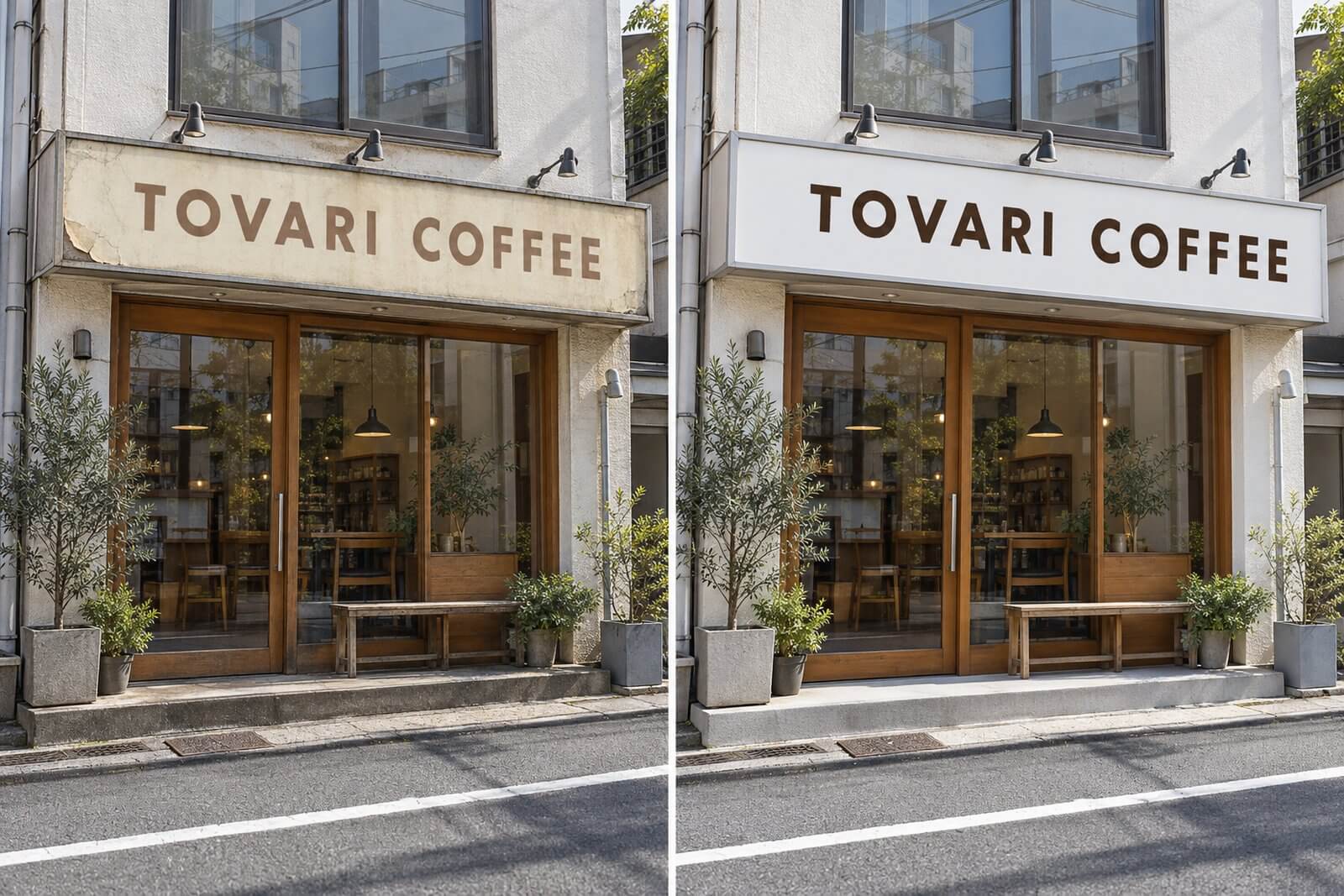 同じ店舗の看板の左半分は色あせてシートがひび割れた古い状態、右半分は新しいシートに張り替えて色が鮮やかになった状態を並べたビフォーアフター