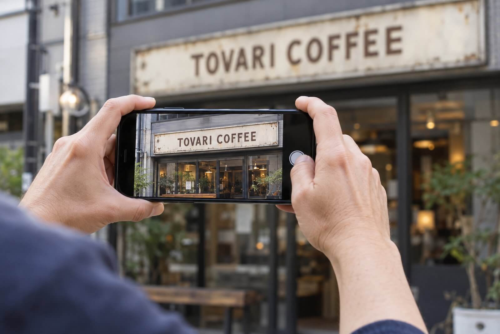 店舗の前で、スマートフォンを横向きに構えて入口の上の看板全体を撮影している人の手元