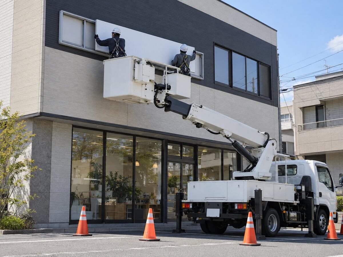 高所作業車に乗った施工スタッフ2人が、店舗の外壁の看板に新しい面板を取り付けている様子