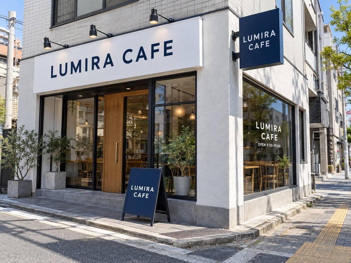 新しく統一したファサード看板・袖看板・ウィンドウサイン・スタンド看板がそろった店舗の外観