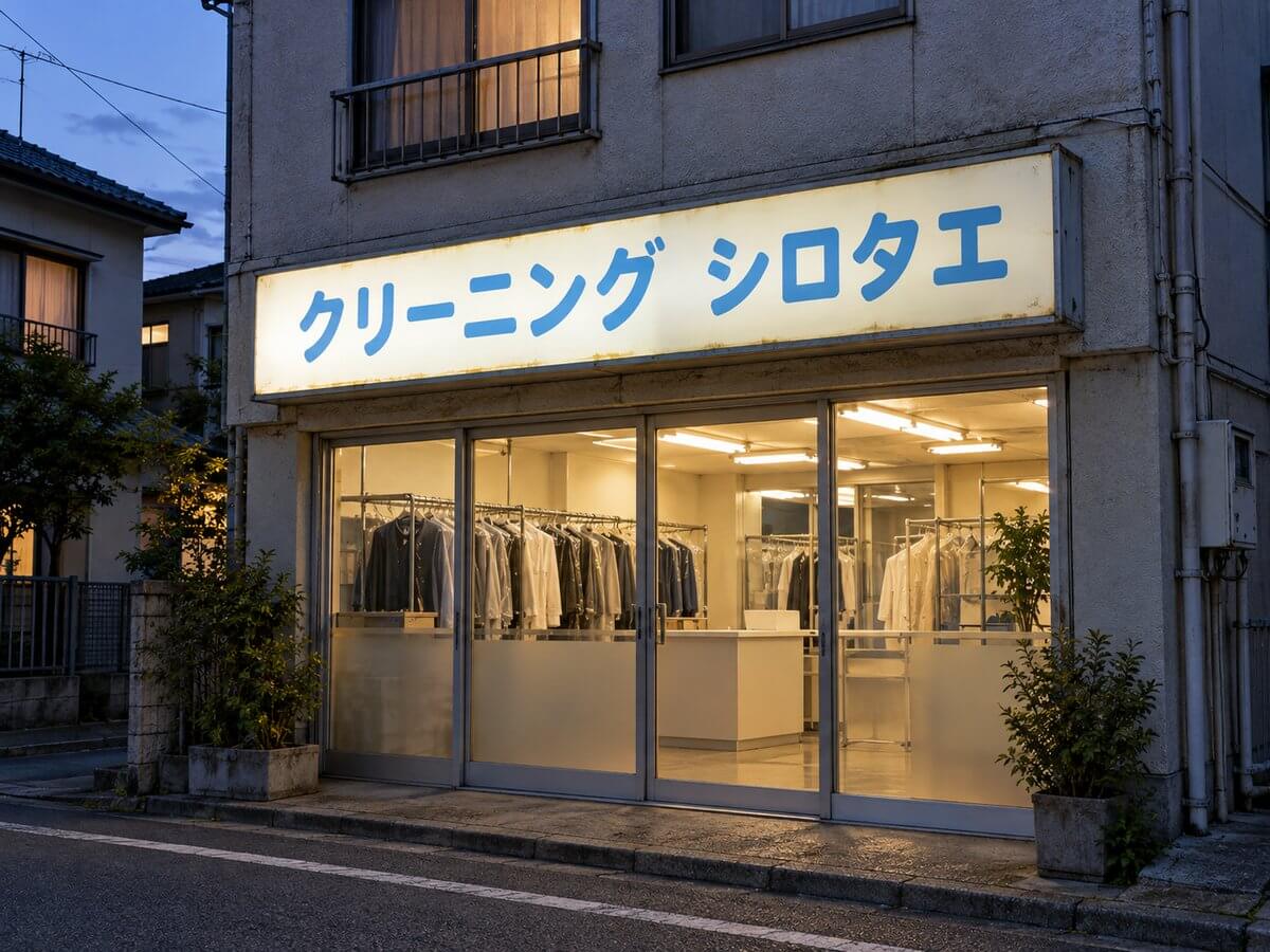 夕方のクリーニング店の壁に付いた、中から白く光る箱型の電飾看板