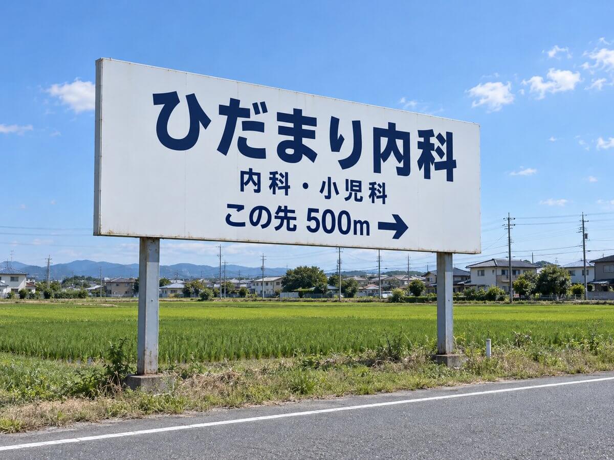郊外の道路沿いに建つ、2本の支柱で支えた大きな野立て看板