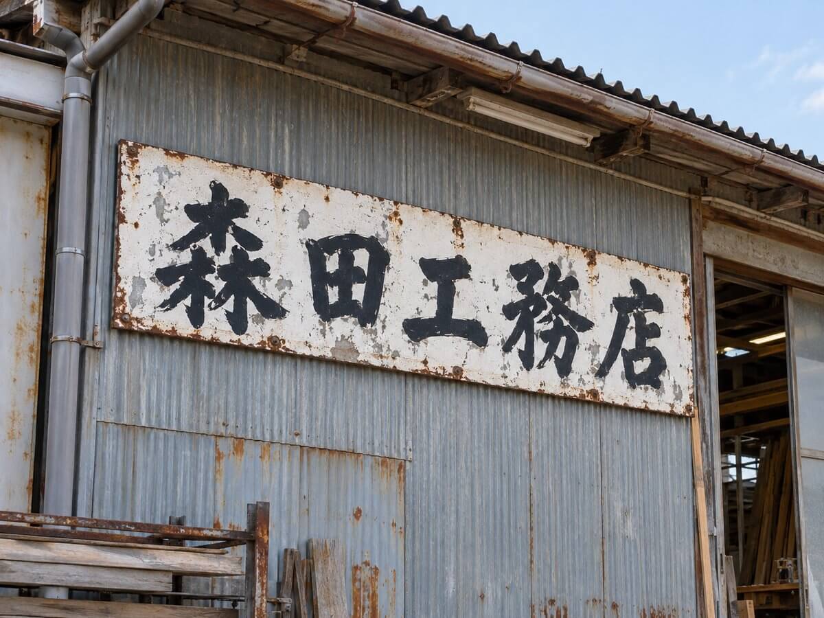 古い工務店の外壁に付いた、ペンキで文字を描いたトタンの看板。塗装がはがれ、ところどころサビている