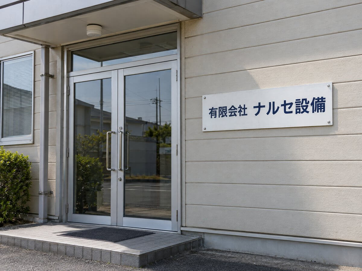 事務所の入口の横の壁に4本のビスで留めた、白地に紺の社名のプレート看板