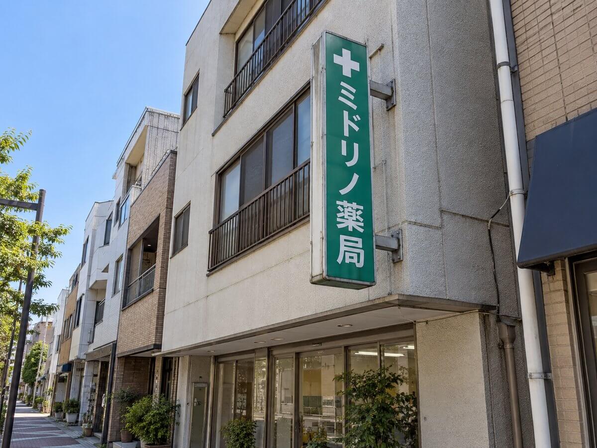 商店街の建物の2階の高さで、壁から突き出した縦長の袖看板