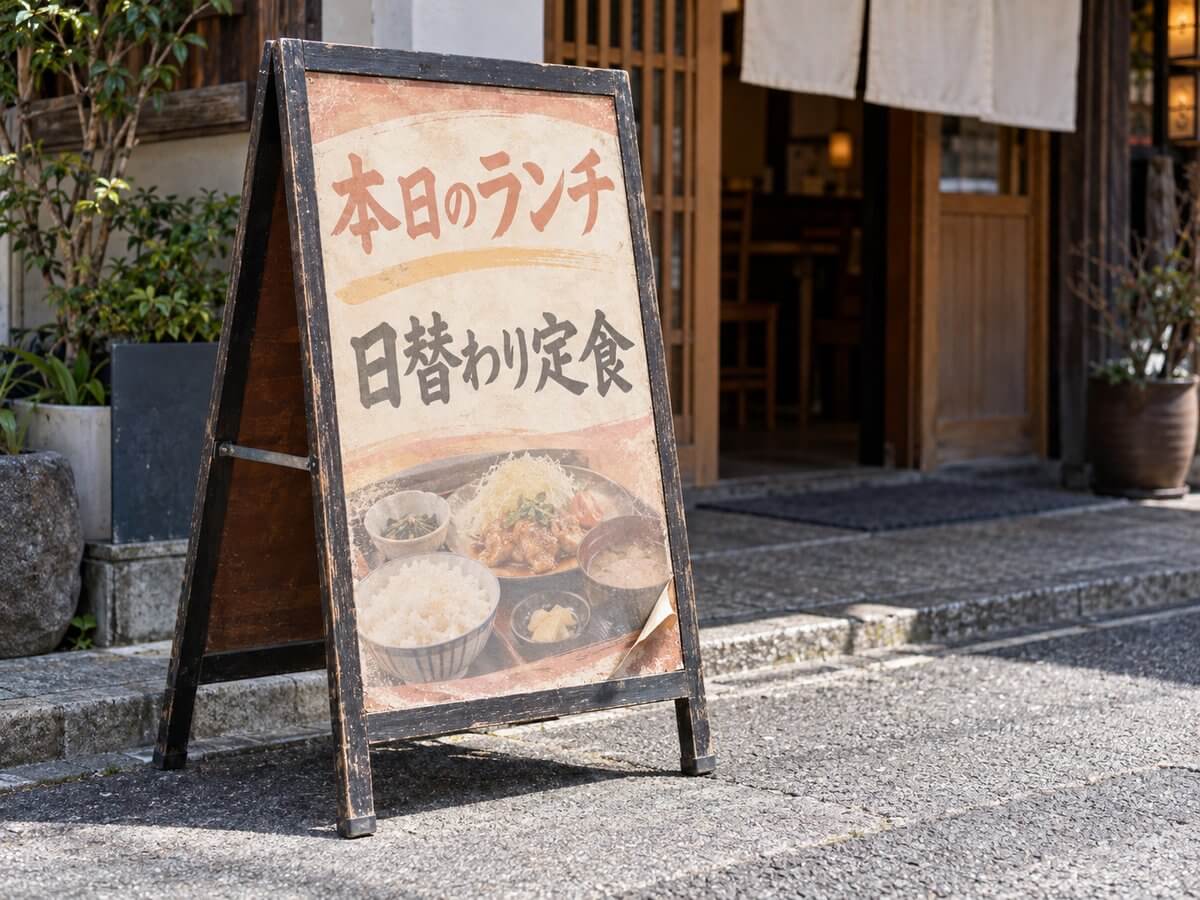店先の歩道に置いたA型のスタンド看板。面のシートが日焼けして色が薄くなっている