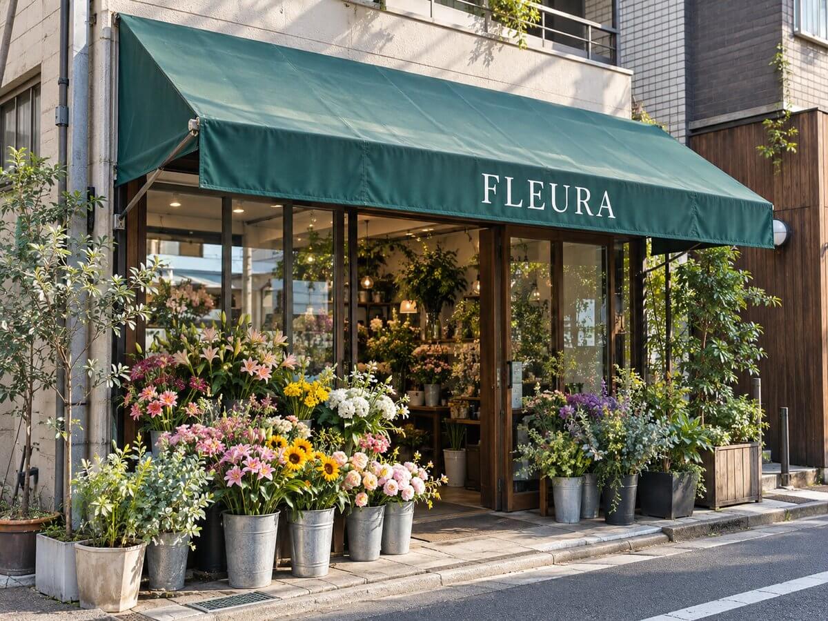 花屋の入口の上に張り出した、深緑色の生地に白い店名のテント看板