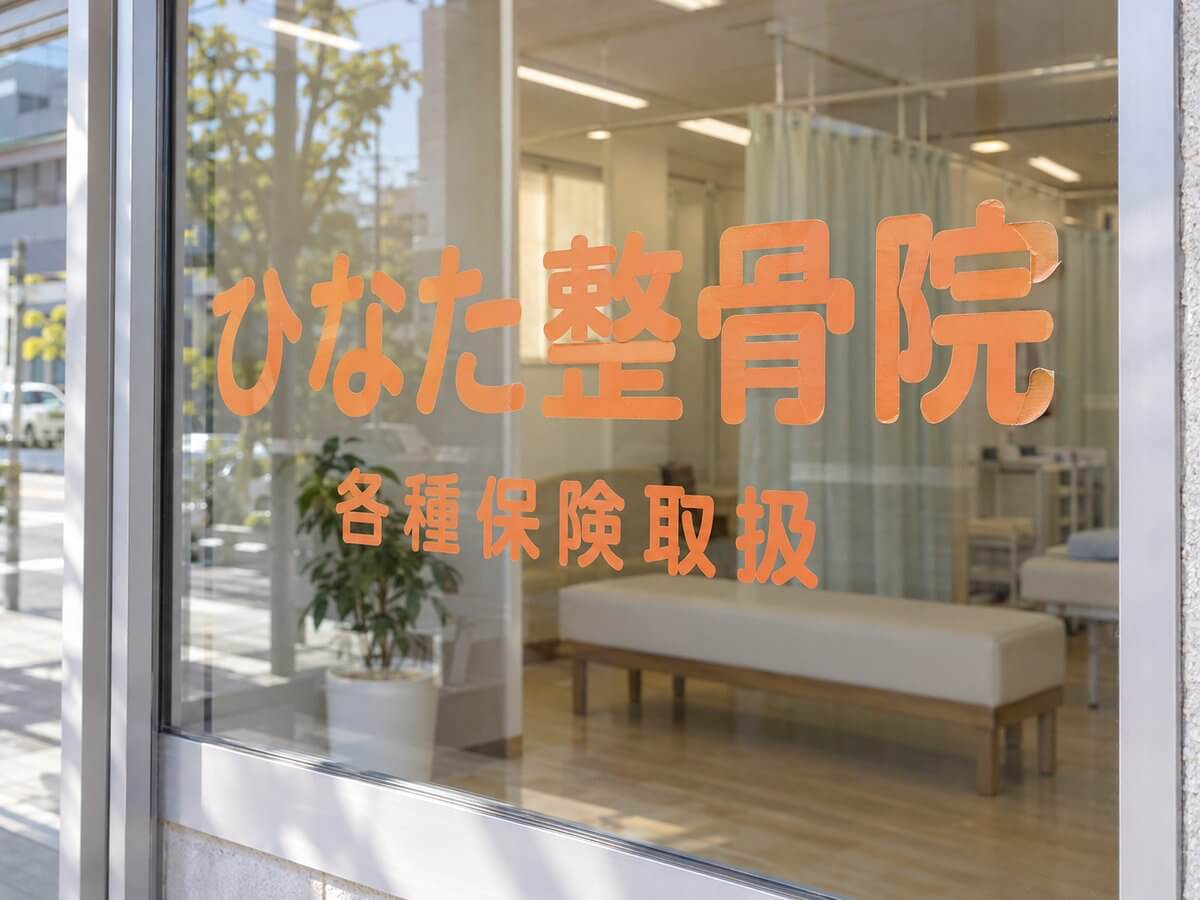 整骨院のガラス窓に貼った店名と案内のシート。色あせて端が少しめくれている