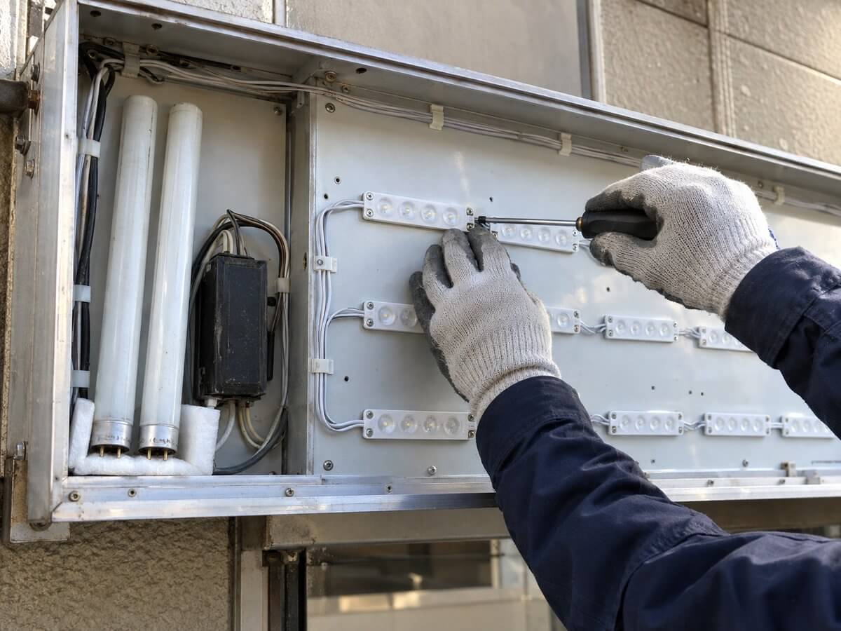 面板を外した電飾看板の箱の中で、古い蛍光灯を外し、薄いLEDモジュールに付け替えている施工スタッフの手元