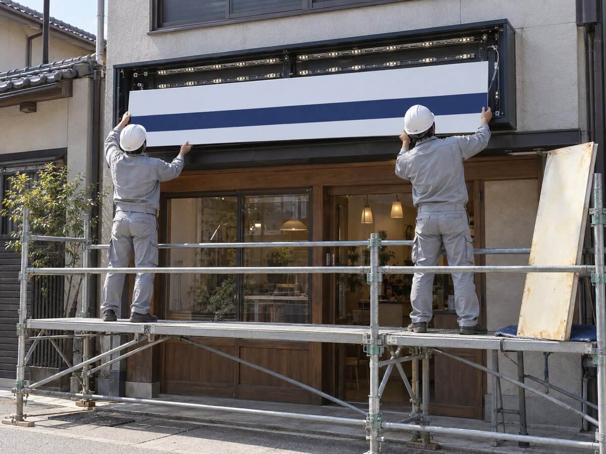 施工スタッフ2人が、看板のアルミ枠から古い面板を外し、新しいシートを貼った面板をはめ込もうとしている様子
