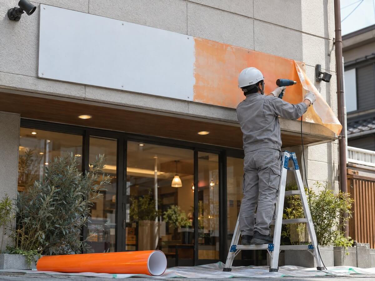 脚立に乗った施工スタッフが、壁に付いたままの看板から色あせた古いシートをヒートガンで温めながら剥がしている様子