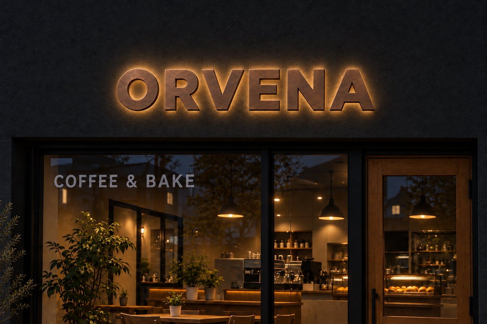 同じ夜の外観。ブロンズ色の文字の裏から外壁にやわらかい光が広がり、店名が影絵のように浮かんでいる