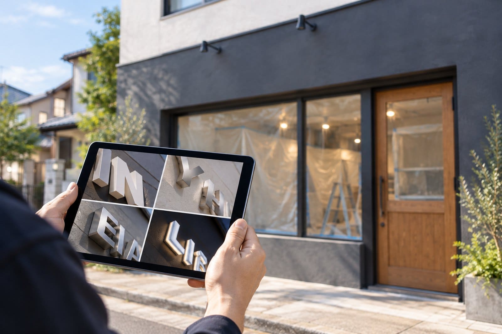 開業前の店舗の前で、店主がタブレットに並べた立体文字の見本写真と、まだ何も付いていない外壁を見比べている様子